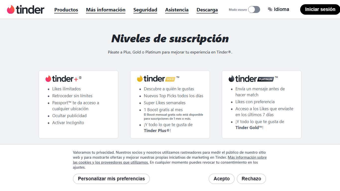 Niveles de suscripción Tinder